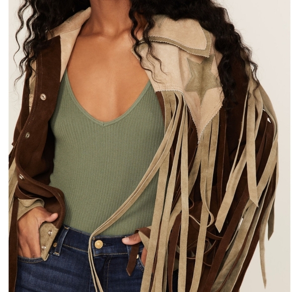 Vintage style leather fringe stars flag usa Americana jacket coat L free people - Picture 6 of 6